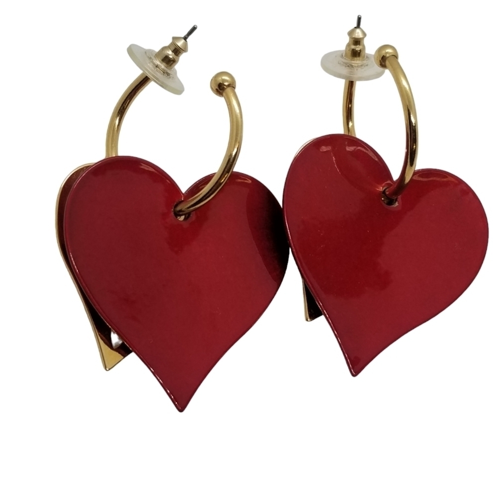 Vintage Avon Red Enamel & Gold Tone Layered Filigree Heart Hoop Earrings - Picture 5 of 5